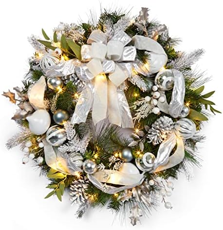 Fairyleine božićni vijenac sa svjetlima, 30 inčnim božićnim vijencem za ulazne vrata, srebrni bijeli bijeli Xmas s kugličnim ukrasima i 40 LED svjetla za kućni odmor