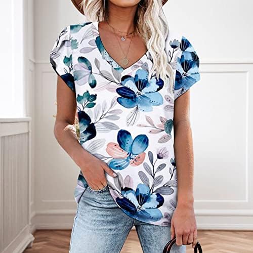 Ženski vrhovi Ljetne T majice Casual V izrez cvjetni print Petal rukava Bluze kratki rukav