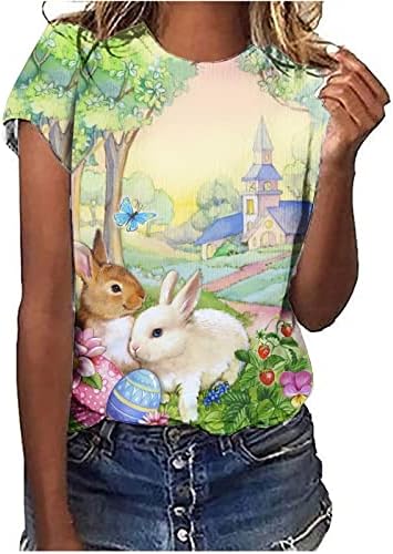 Žene zec je ispisano slatka majica uskrsnica casual kratkih rukava Crewneck Loose Tops Kawaii 3D grafički teže za teen djevojke