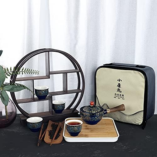 Fanquare Porcelain Prijenosni putnički čaj, zlatni uzorak cvijeta, 4 šalice, čajnik i bambusov ladica za čaj sa putne torba, tamno zelena