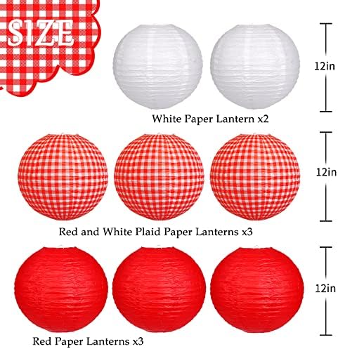 Dekoracije za piknik, viseći Crveno-Bijeli karirani okrugli papirnati fenjer za praznični roštilj crveni dekor za rođendansku zabavu 12 inča Set od 8 komada