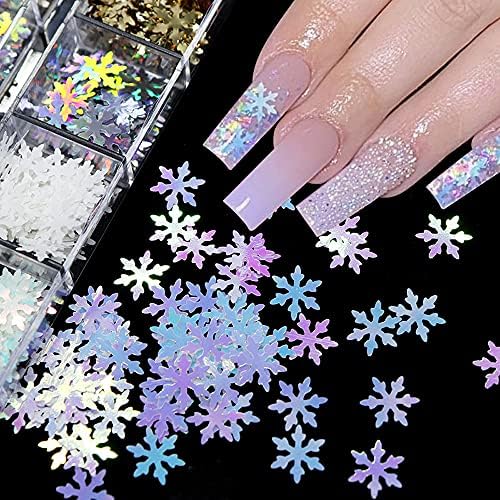 Božić Snowflake šljokice Nail Art Glitter Flakes 12 Grid, bijelo crveno srebro 3D naljepnice za nokte za akrilne nokte dizajn potrepštine, žene djevojke manikir dekoracije Set za prazničnu zabavu