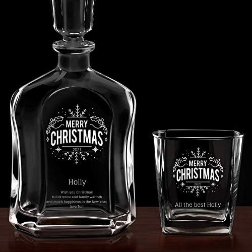 Maverton Whisky carafe + 2 naočare sa gravurom-23 fl oz classic spirits decanter za muškarce-elegantan set viskija za nju - za Božić - personalizirani set za roditelje-Sretan Božić