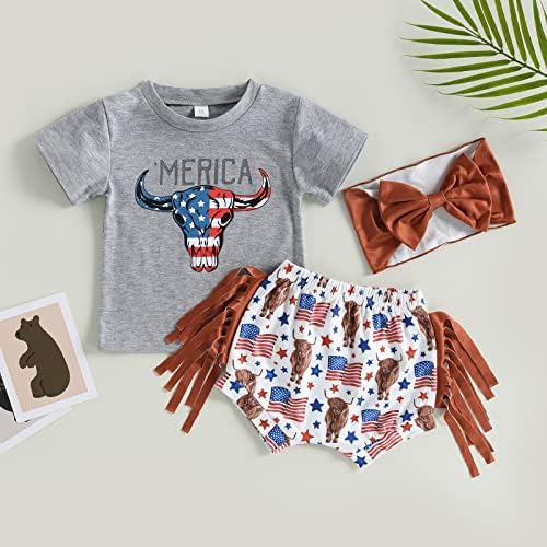TODDLER Baby Girl 4. jula Outfit kravlje vrhove i američke hlače za zastave sa trakom za glavom Ljeto