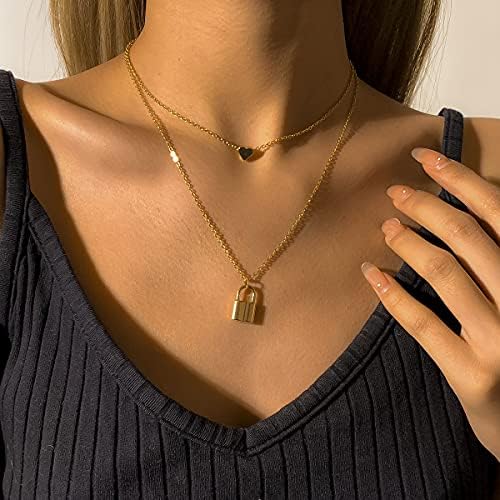 Jwicos Silver Lock Key charm Privjesak ogrlica za žene i djevojke 2 slojeviti bravu i privjesak za djevojke i privjesak za srce