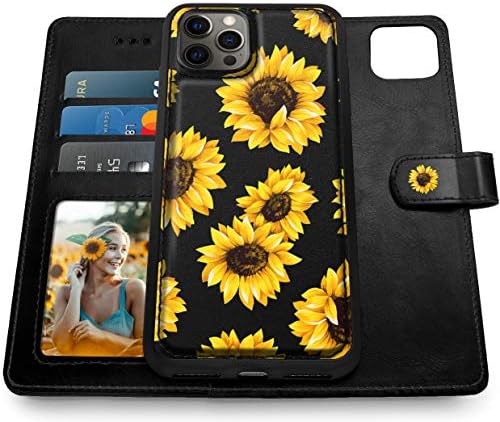 Štitovi za iPhone 13 Pro futrolu, [odvojiva] magnetna torbica za novčanik sa držačem za kartice & amp; narukvica za djevojčice/žene, [veganska koža] Navlaka za Apple iPhone 13 Pro-Sunflower