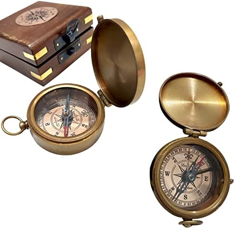 Antikni mesingani kompas funkcionalni smjer Mornar Članak Brown Wood Royal Box Kompasi