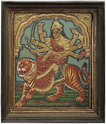 Egzotična Indija boginja Durga Tanjore Painting / tradicionalne boje sa 24k zlatom / Teakwood Frame / zlato & Drvo / H