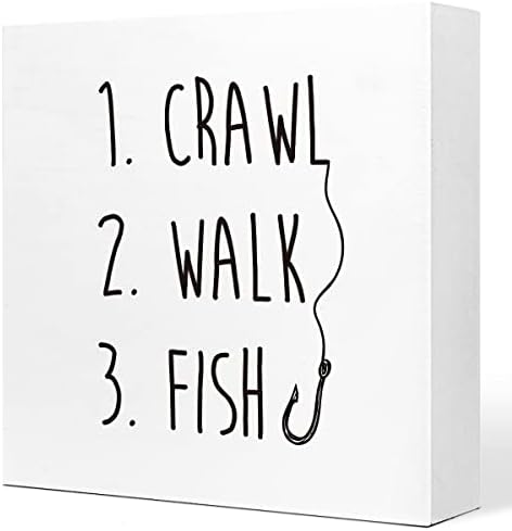 Crawl Walk Fish Rustikalni drveni znak desk Decor, Funny Baby Fishing drveni blok znak Desk dekoracije