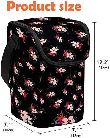 Ženske muške torbe za ručak, izolovana geometrijska cvetna Retro cvetna Crna pozadinska kutija za ručak sa podesivim naramenicama za školu, posao, piknik, kampovanje