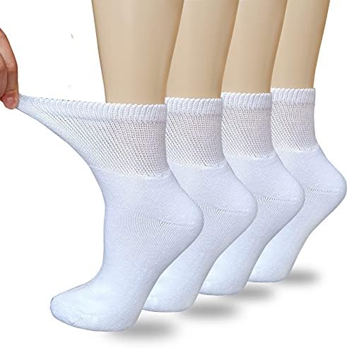 Veigike Ženske dijabetičke čarape Mekane prozračne vlage Wicking četvrtine čarape za gležnjeve, ekstra široke nevezave čarape 4 parova, bijela-4pairs, jedna veličina