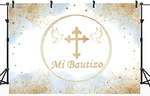 Riyidecor mi Bautizo pozadina poliesterska tkanina Meksički krštenje Bog blagoslovi prvi akvarel plavo zlato sjaj 7Wx5H noge Sveta pričest fotografija pozadina Baby Shower krštenje Photo Studio Shoot