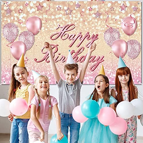 Tkanina Pink Happy Birthday Backdrop Extra Large Rose Gold Balloon Glitter Birthday Banner