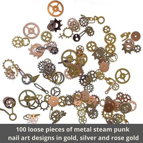 Steam Punk inkapsulirani Nail Art zupčanici Cogs čari za nokte, 100 komada, Steampunk 3D metalna naljepnica Art ružičasto zlato i srebro ili vrhovi, akril, gelovi i ukrasi