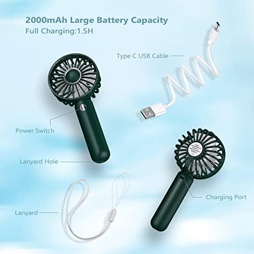 CIVPOWER Mini ručni ventilator, prijenosni USB punjivi ventilator, mali džepni ventilator na baterije, 3 brzine podesive, za putovanja na otvorenom u kućnoj kancelariji, tamno zelena