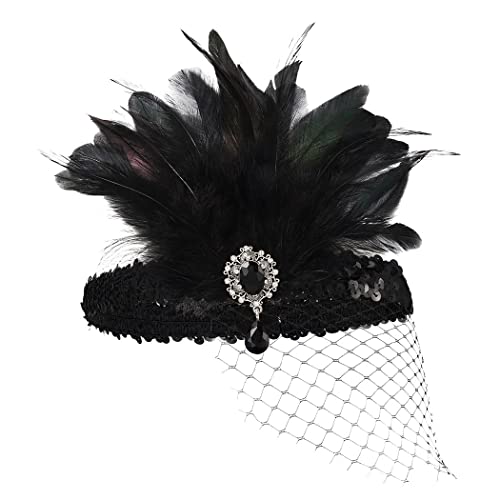 GENBREE 1920s traka za glavu Crna pero pokrivala za glavu Sequin Gatsby trake za glavu koktel
