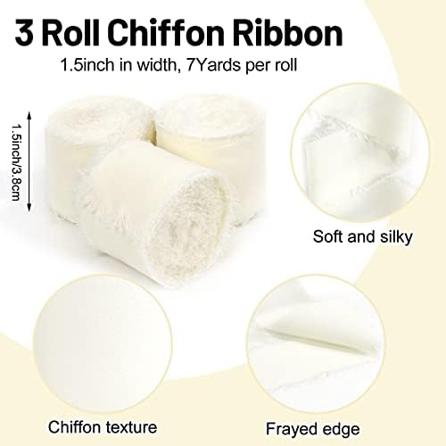 Coowayze Frayed Whiffon Whifron Ribbon, 3 role 1,5 X7YD krem ​​bijeli fringe šifon vrpce sirove rubne