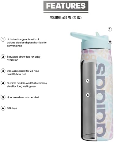Adidas 600 ml Slamna metalna boca za vodu, vrući / hladan dvo-zidni izolirani od nehrđajućeg čelika 18/8