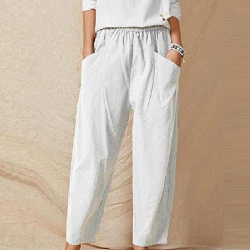 Fehlegd Žene Ljetne casual labave obrezirane hlače sa džepom elastične visoke struk pune boje pamučne i posteljine široke nogu hlače