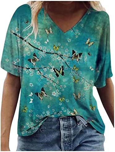 Ljetne bluze za žene leptir uzorak štampani V izrez kratki rukav vrećaste majice Casual labavi vrhovi