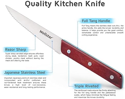 WELLSTAR nazubljeni set noža za odreske od 6, Ultra oštra japanska Oštrica od nehrđajućeg čelika od 4,5 inča