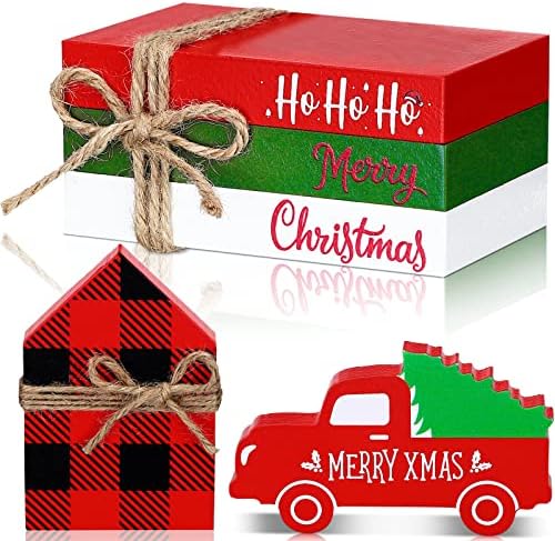 5 komada Božić slojeviti ladicu Decor 3 Faux knjige paket sa kanapom crveni kamion sa Mini drvo i kuća dekor Božić dekor seoska kuća rustikalni slojeviti ladicu dekor za kućnu sobu sto Mantle